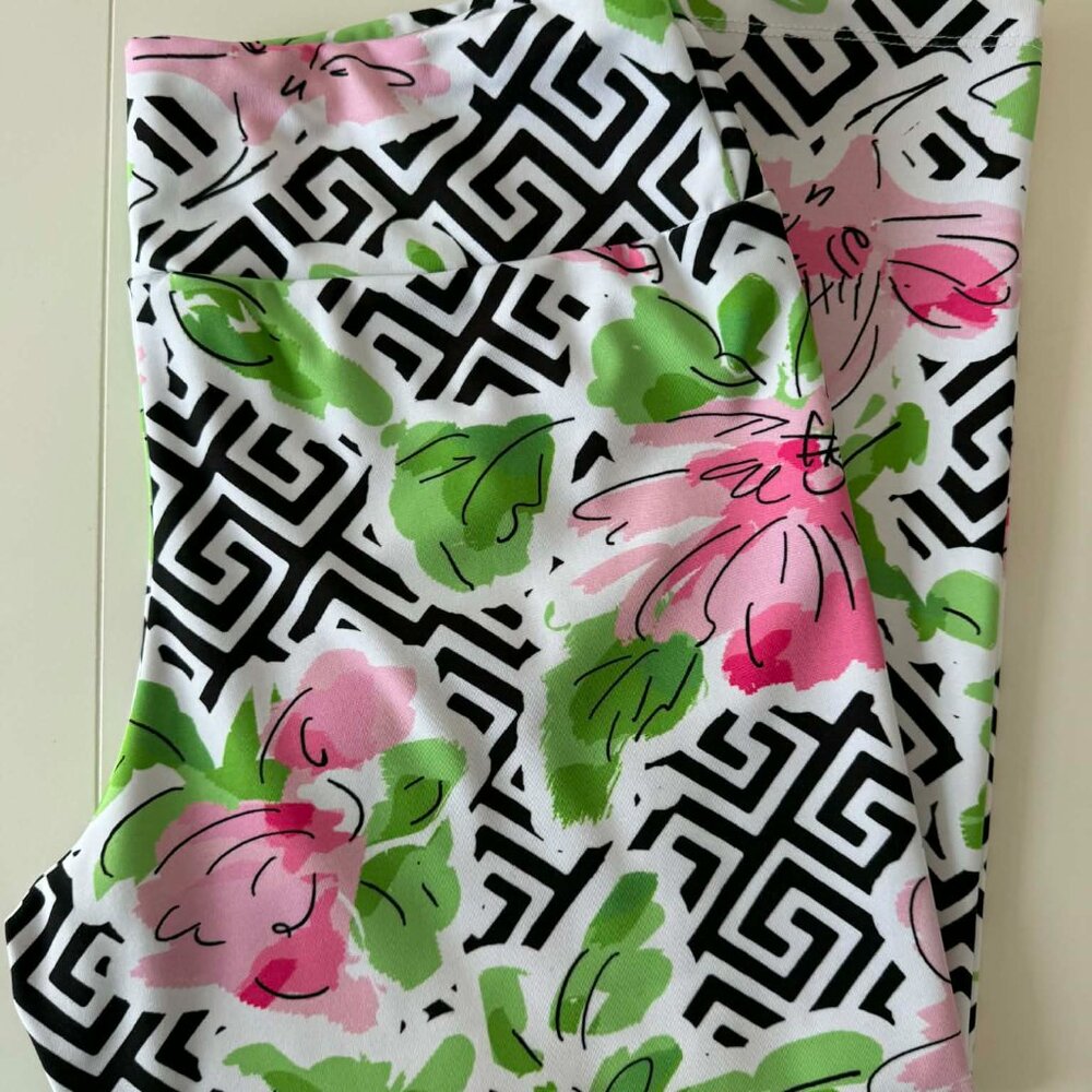 Peter Popovitch Floral Greek Key Leggings | Pink & Green | XL | Made in USA